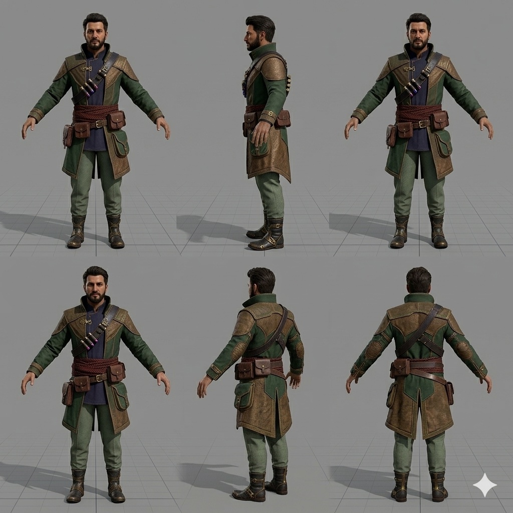 AI-generated turnaround sheet for a green-coated game adventurer