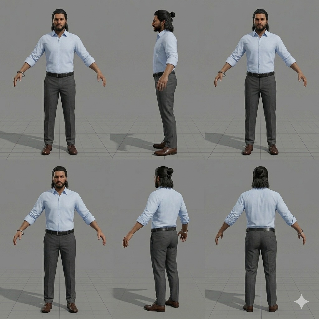 AI-generated turnaround sheet for a modern civilian character