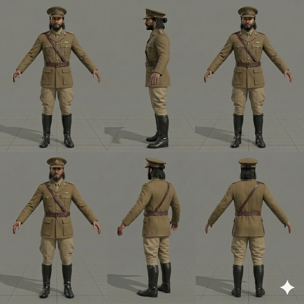 AI-generated turnaround sheet for a khaki-uniformed officer character