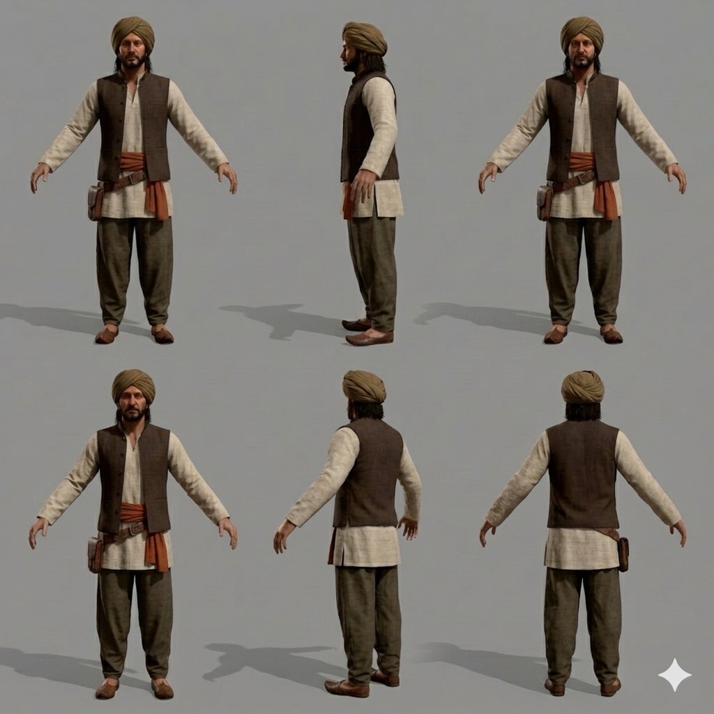 AI-generated turnaround sheet for a turbaned historical character