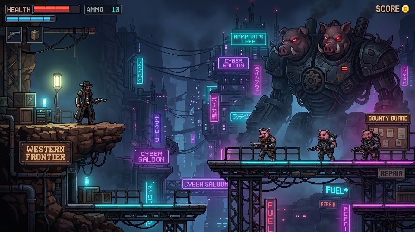 AI-generated cyber-western game-world keyframe