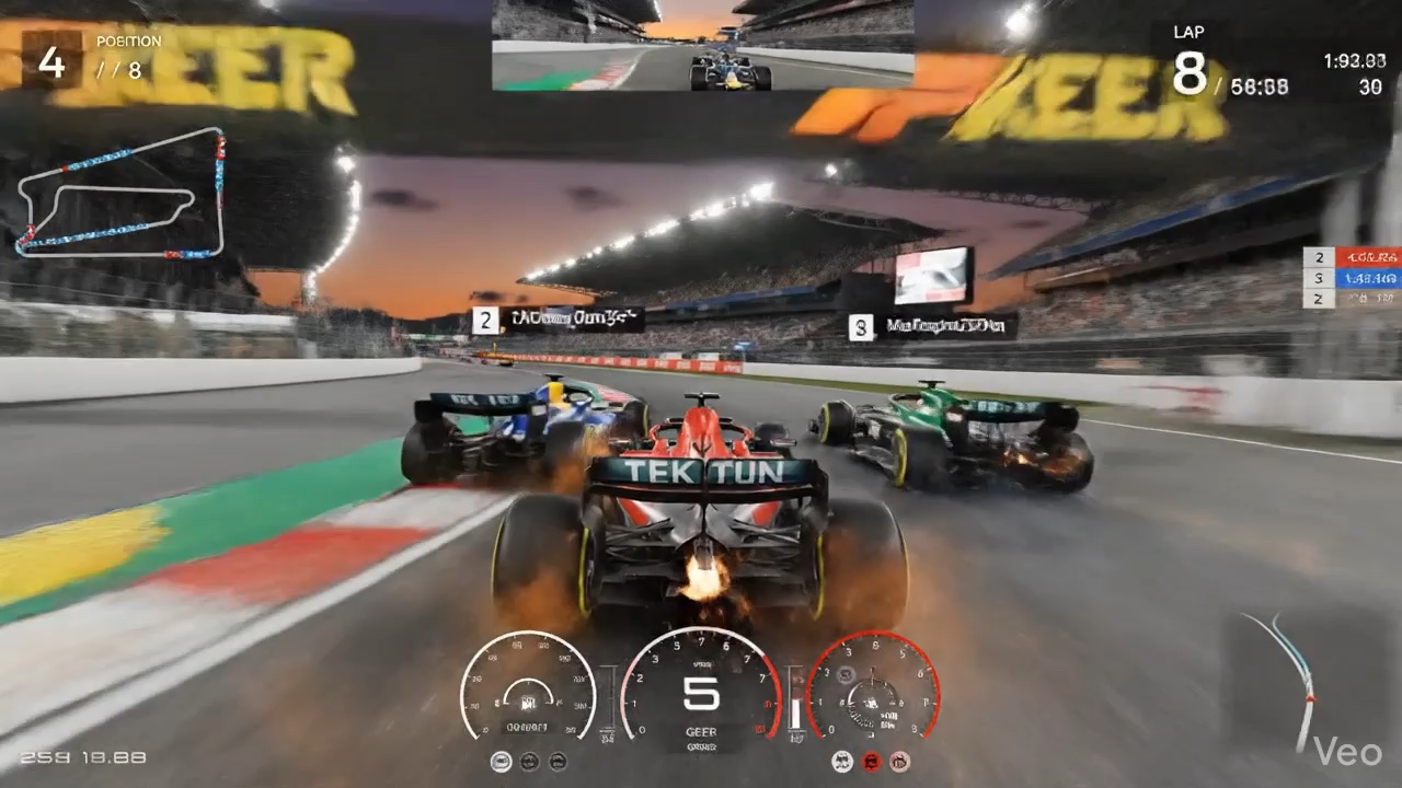 AI-generated racing trailer frame with three cars competing under stadium lights