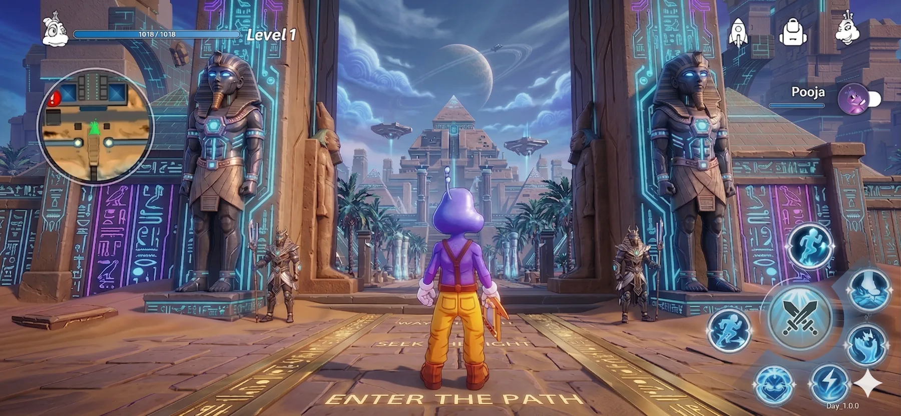 AI-generated concept-phase visual-development frame of a futuristic Egyptian game world