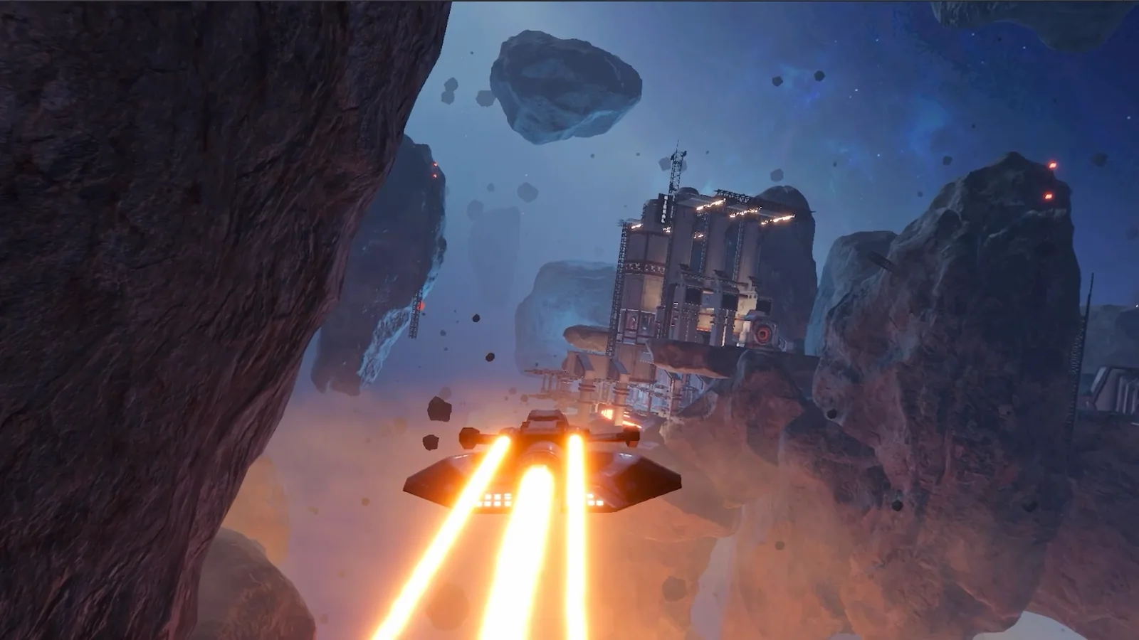 Final Battlefleet gameplay frame showing a ship flying through an asteroid field toward a station