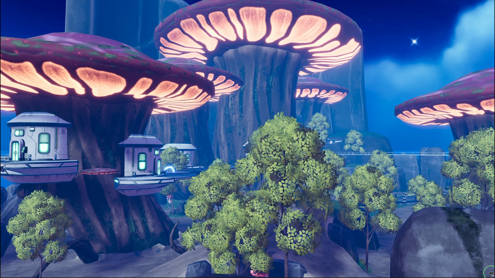 Final Mayhem Alien Worlds biome with luminous mushroom canopies and elevated modular structures