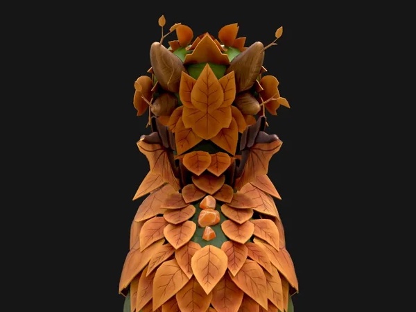 Close top and rear study of the dragon's layered leaf armor