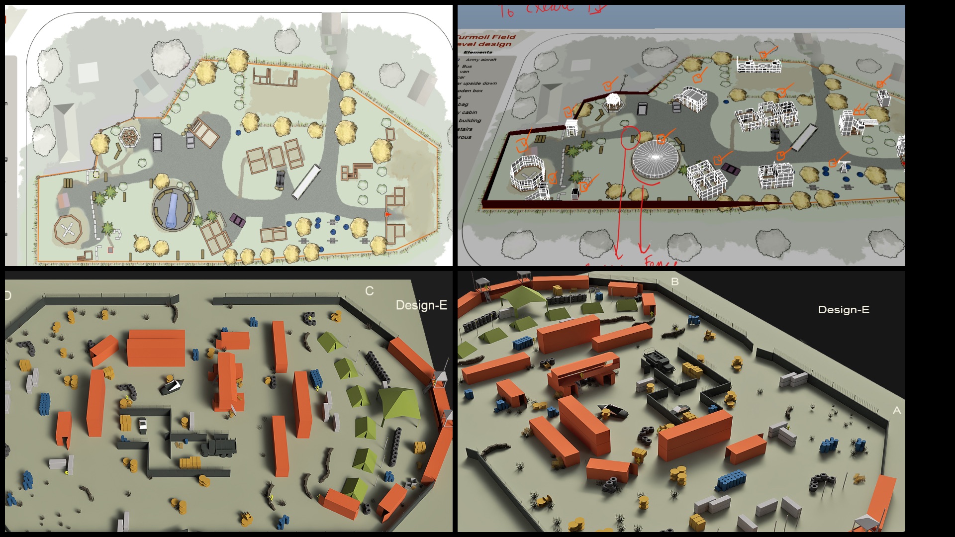 Top-down level plans and playable environment blockouts