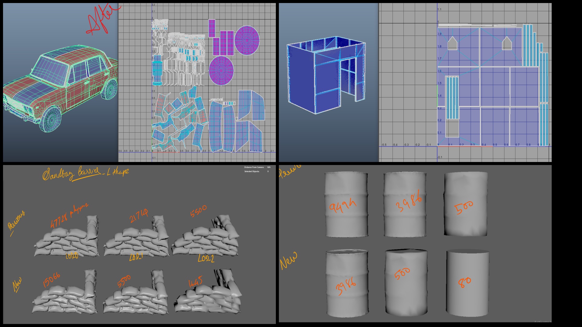 Wireframes, UV layouts, and geometry-reduction comparisons for modular props