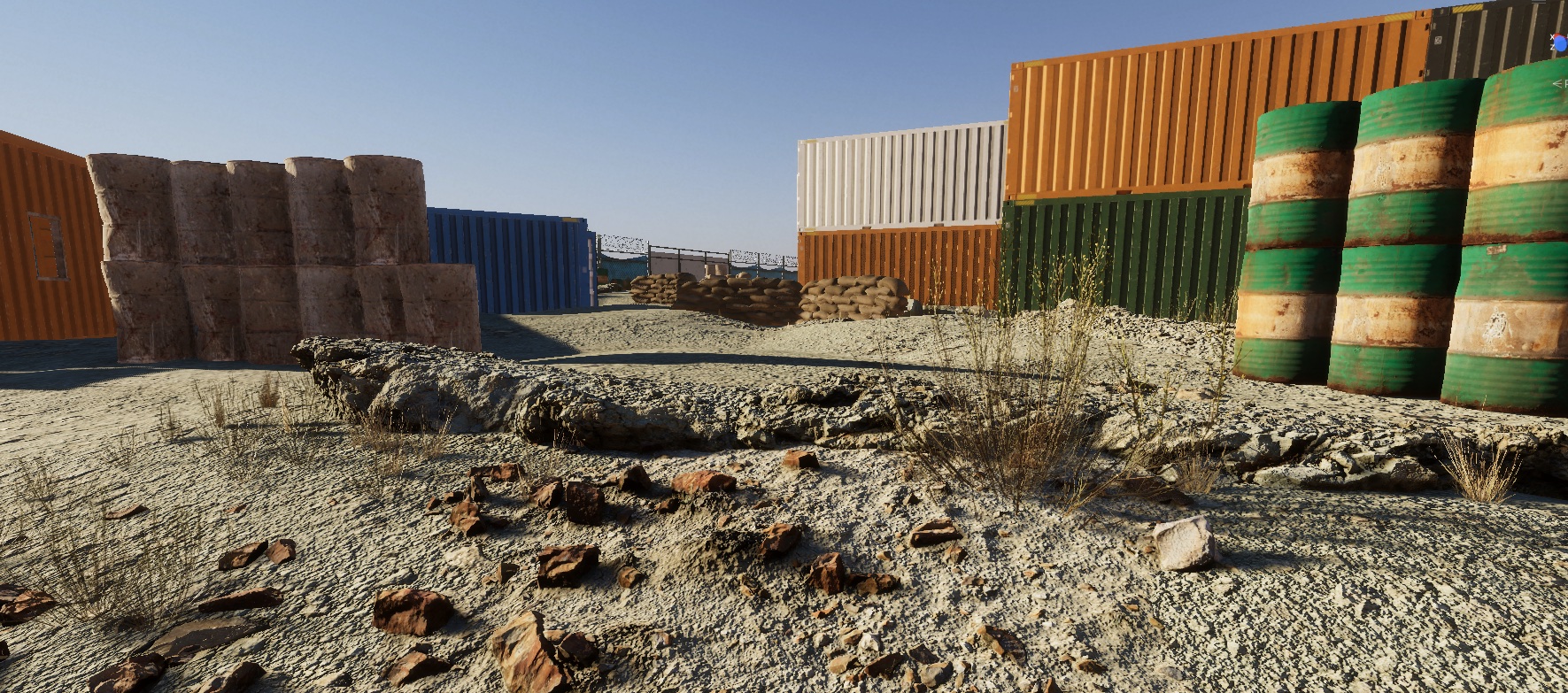 Final real-time environment view with blue perimeter fencing and human-scale props