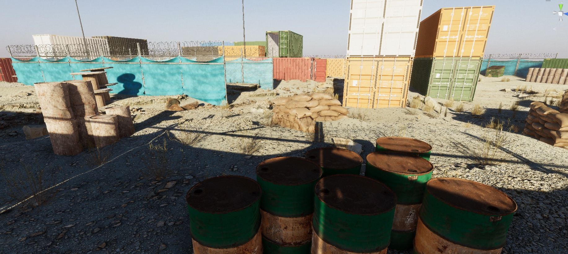 Final real-time environment view with barrels, sandbags, and stacked shipping containers