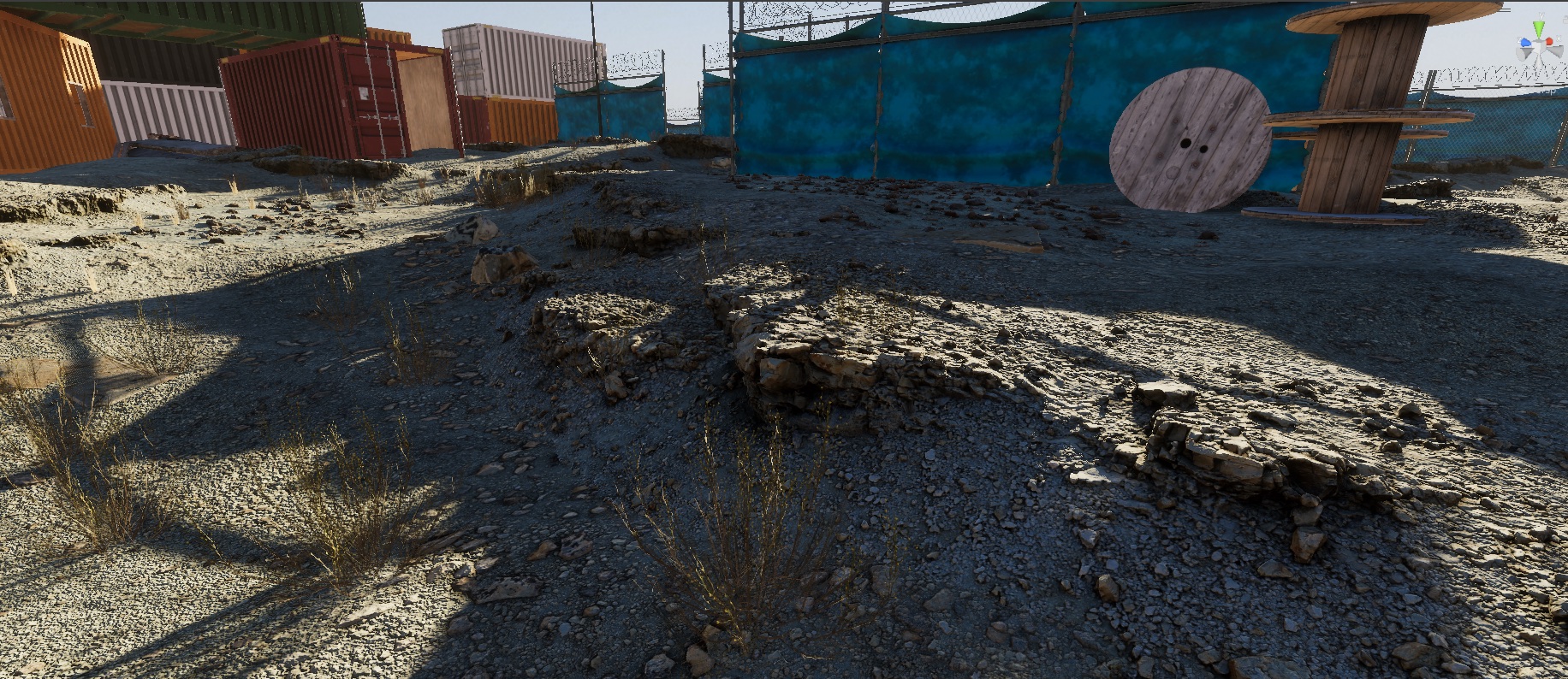 Final real-time environment view focused on modular sandbags and industrial spools