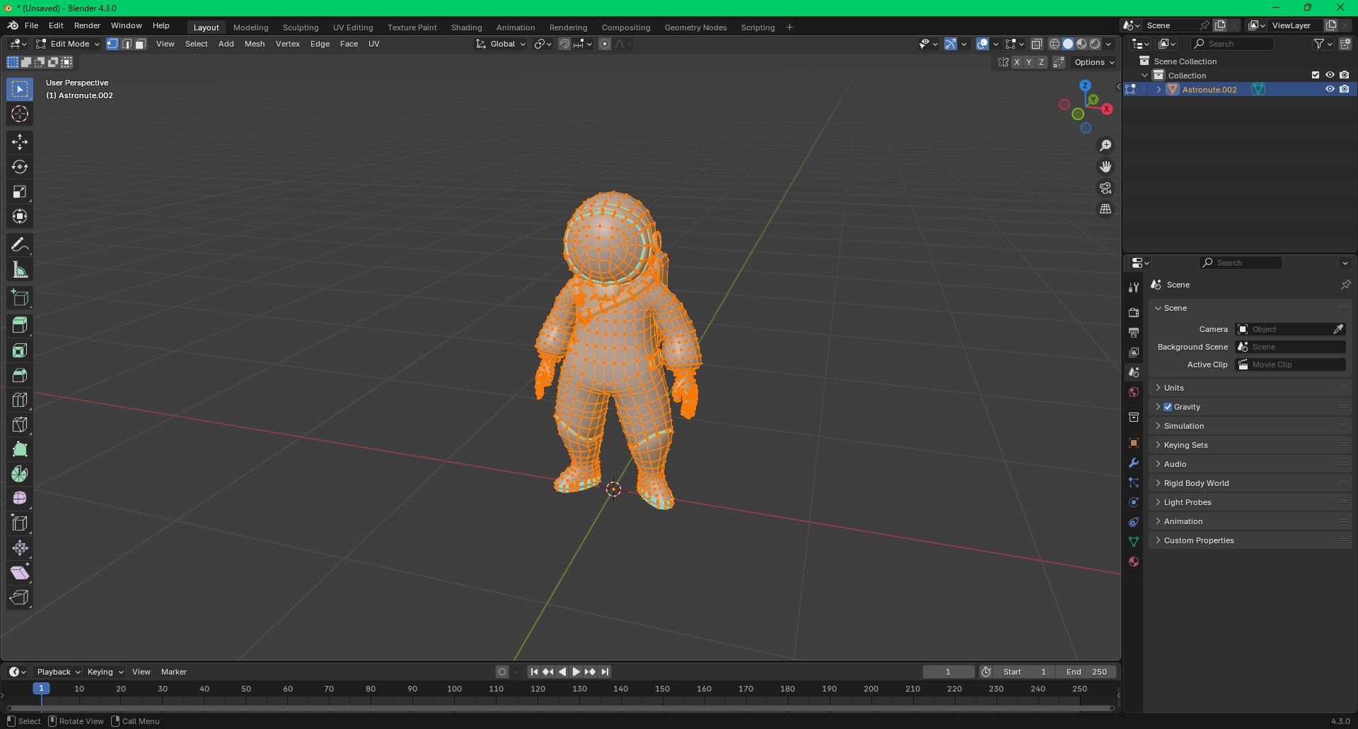 Astronaut character topology and modeling view in Blender
