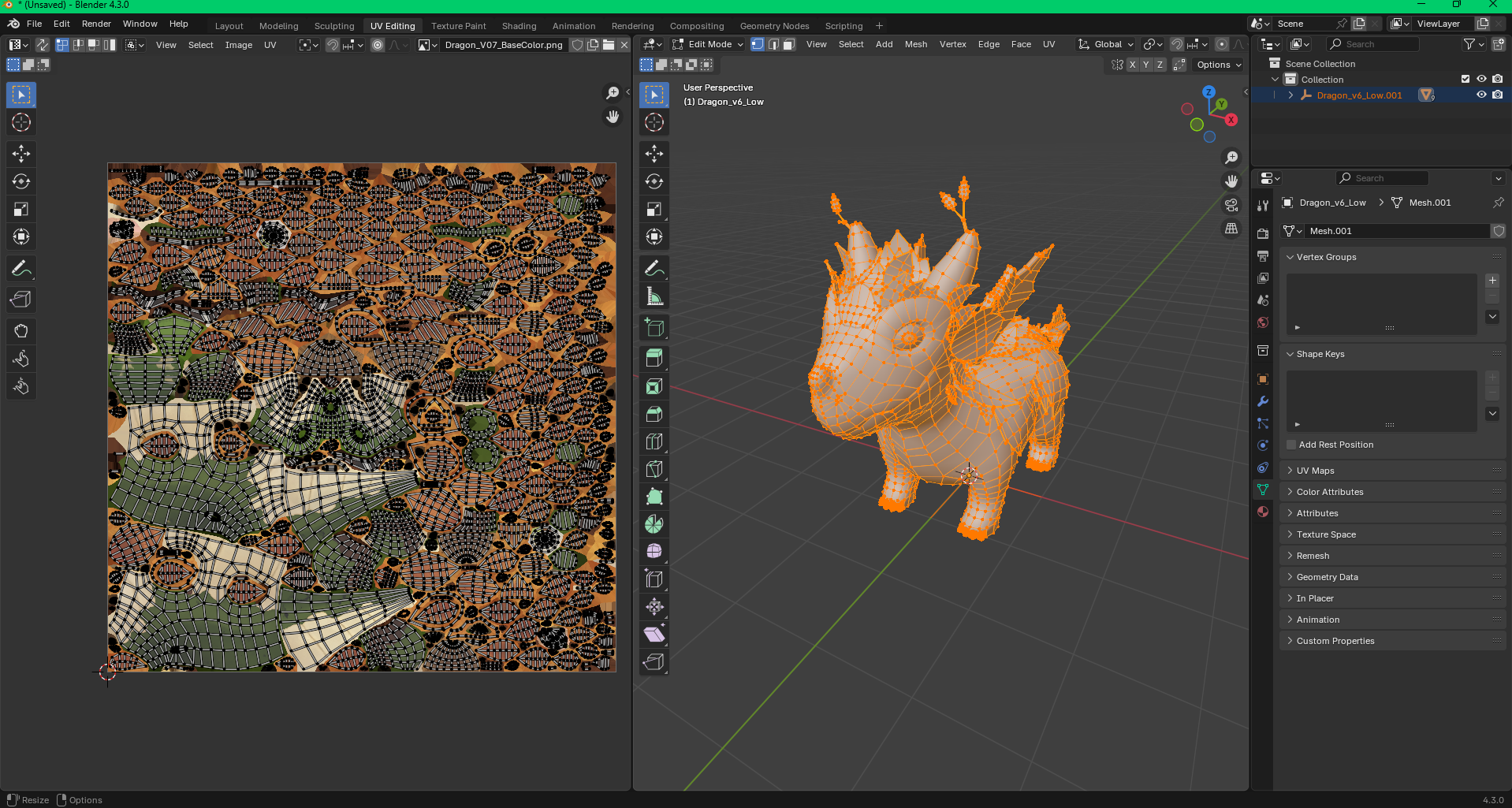 Verdant Warden dragon UV layout in Blender